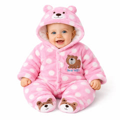 BRANDONN Baby Fleece Hooded Winter Romper | Newborn Polka Print Onesie with Snap Buttons