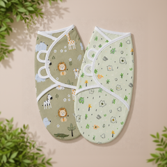 BRANDONN Baby Swaddle Wrap & Cotton Blanket Set for Newborns (0–6 Months), Adjustable, Soft 100% Cotton, Pack of 2, Multi-Color