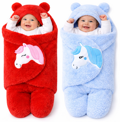 BRANDONN Newborn Baby Hooded Swaddle Blanket Gift Set (Pack of 2), Unicorn Print, 0–9 Months
