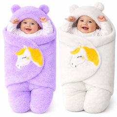 BRANDONN Newborn Baby Hooded Swaddle Blanket Gift Set (Pack of 2), Unicorn Print, 0–9 Months