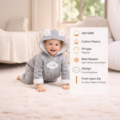 BRANDONN Baby Winter Fleece Hooded Romper – 320 GSM Cotton Newborn Onesie with Zipper, Cloud Embroidery