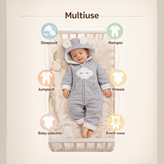 BRANDONN Baby Winter Fleece Hooded Romper – 320 GSM Cotton Newborn Onesie with Zipper, Cloud Embroidery