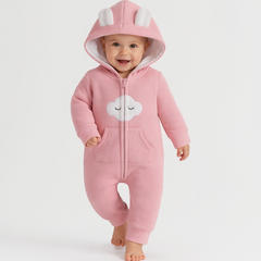 BRANDONN Baby Winter Fleece Hooded Romper – 320 GSM Cotton Newborn Onesie with Zipper, Cloud Embroidery