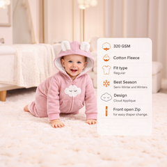 BRANDONN Baby Winter Fleece Hooded Romper – 320 GSM Cotton Newborn Onesie with Zipper, Cloud Embroidery