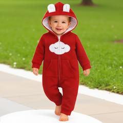 BRANDONN Baby Winter Fleece Hooded Romper – 320 GSM Cotton Newborn Onesie with Zipper, Cloud Embroidery