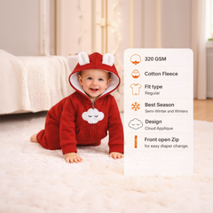 BRANDONN Baby Winter Fleece Hooded Romper – 320 GSM Cotton Newborn Onesie with Zipper, Cloud Embroidery