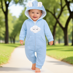 BRANDONN Baby Winter Fleece Hooded Romper – 320 GSM Cotton Newborn Onesie with Zipper, Cloud Embroidery