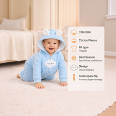 BRANDONN Baby Winter Fleece Hooded Romper – 320 GSM Cotton Newborn Onesie with Zipper, Cloud Embroidery