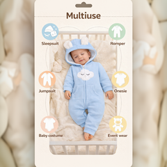 BRANDONN Baby Winter Fleece Hooded Romper – 320 GSM Cotton Newborn Onesie with Zipper, Cloud Embroidery