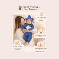 BRANDONN Baby Winter Fleece Hooded Romper – 320 GSM Cotton Newborn Onesie with Zipper, Cloud Embroidery