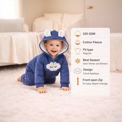 BRANDONN Baby Winter Fleece Hooded Romper – 320 GSM Cotton Newborn Onesie with Zipper, Cloud Embroidery