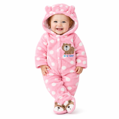 BRANDONN Baby Fleece Hooded Winter Romper | Newborn Polka Print Onesie with Snap Buttons