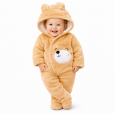 BRANDONN Baby Winter Coral Fleece Romper with Hood – 320 GSM Newborn Jumpsuit, Soft Hooded Onesie with Zipper, Teddy Embroided for Boys & Girls