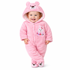 BRANDONN Baby Fleece Hooded Romper – Teddy Embroidered Winter Onesie