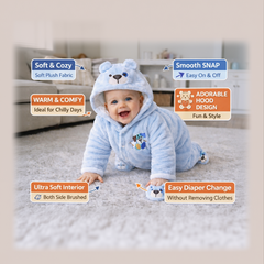 BRANDONN Baby Fleece Hooded Romper – Teddy Embroidered Winter Onesie