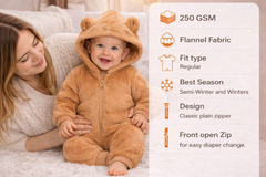 BRANDONN Baby Winter Flannel Romper with Hood – Newborn Jumpsuit, Warm Hooded Onesie with Zipper ( Solid ), for Boys & Girls