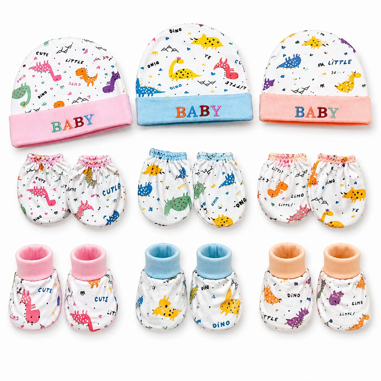 First Kick Baby Mitten Booty Cap Set - 3 Sets (Multicolour) Mittens for New Born Baby 0-3 Months| Useful Baby Shower Gift | Pocket-Friendly | Infant Apron | Soft New Born Cotton