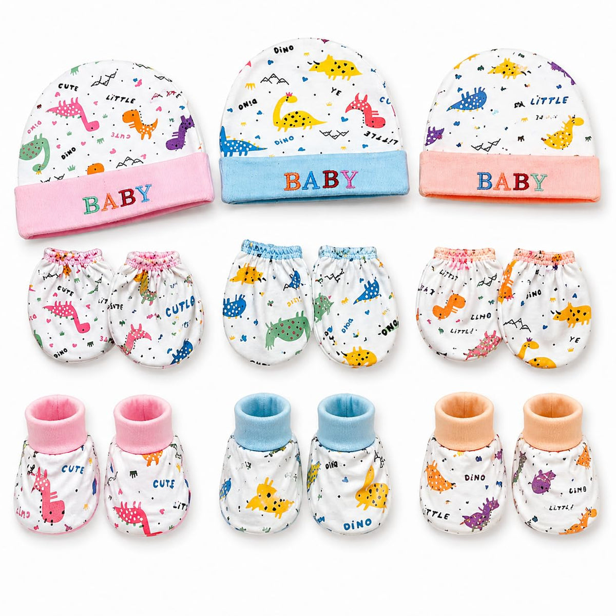 First Kick Baby Mitten Booty Cap Set - 3 Sets (Multicolour) Mittens for New Born Baby 0-3 Months| Useful Baby Shower Gift | Pocket-Friendly | Infant Apron | Soft New Born Cotton