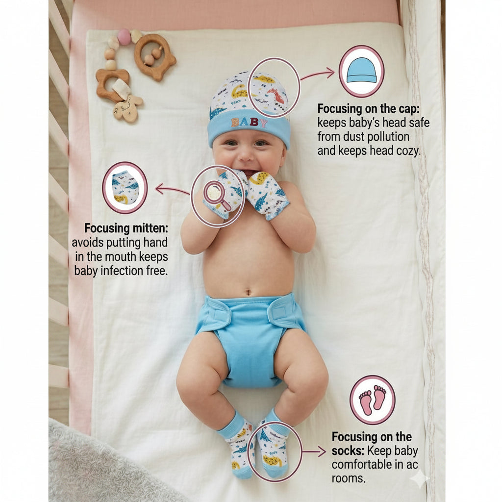 First Kick Baby Mitten Booty Cap Set - 3 Sets (Multicolour) Mittens for New Born Baby 0-3 Months| Useful Baby Shower Gift | Pocket-Friendly | Infant Apron | Soft New Born Cotton