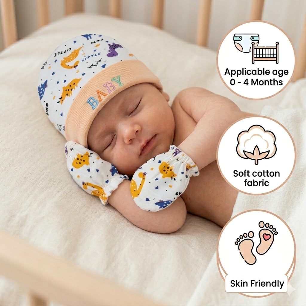 First Kick Baby Mitten Booty Cap Set - 3 Sets (Multicolour) Mittens for New Born Baby 0-3 Months| Useful Baby Shower Gift | Pocket-Friendly | Infant Apron | Soft New Born Cotton