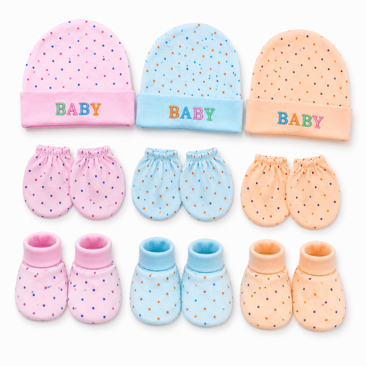 BRANDONN Baby Mitten, Booty & Cap Set (3-Pack, Multicolour) for Newborns 0–6 Months | Soft Cotton Baby Gift Set