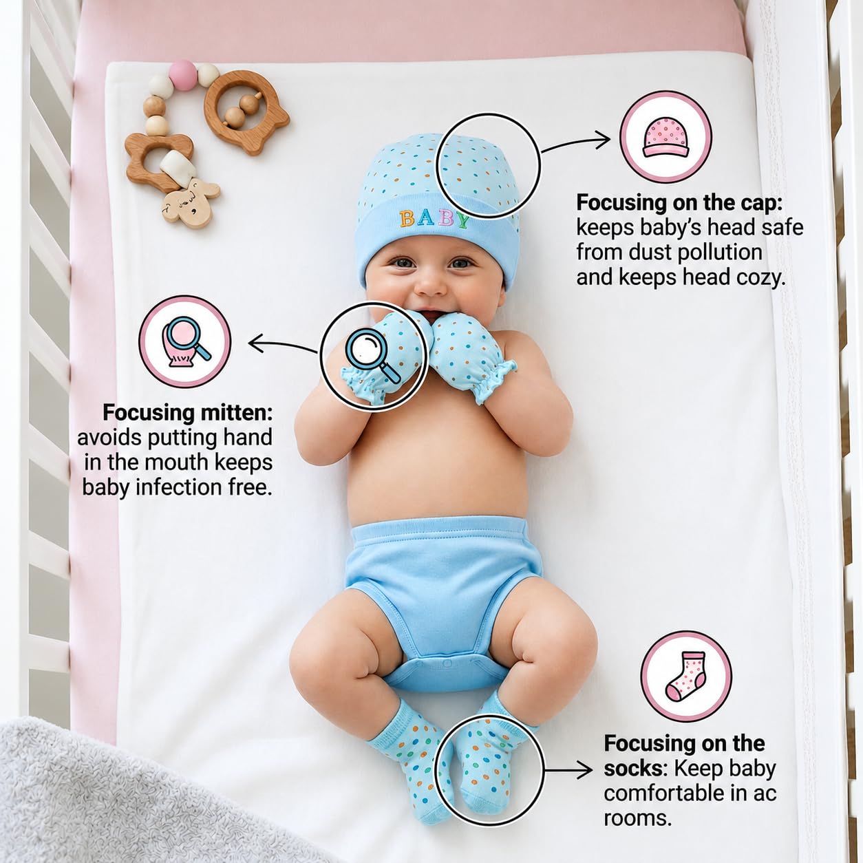 First Kick Baby Mitten Booty Cap Set - 3 Sets (Multicolour) Mittens for New Born Baby 0-3 Months| Useful Baby Shower Gift | Pocket-Friendly | Infant Apron | Soft New Born Cotton