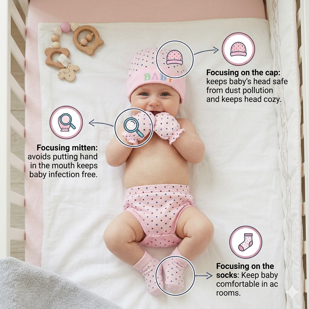 BRANDONN Baby Mitten, Booty & Cap Set (3-Pack, Multicolour) for Newborns 0–6 Months | Soft Cotton Baby Gift Set