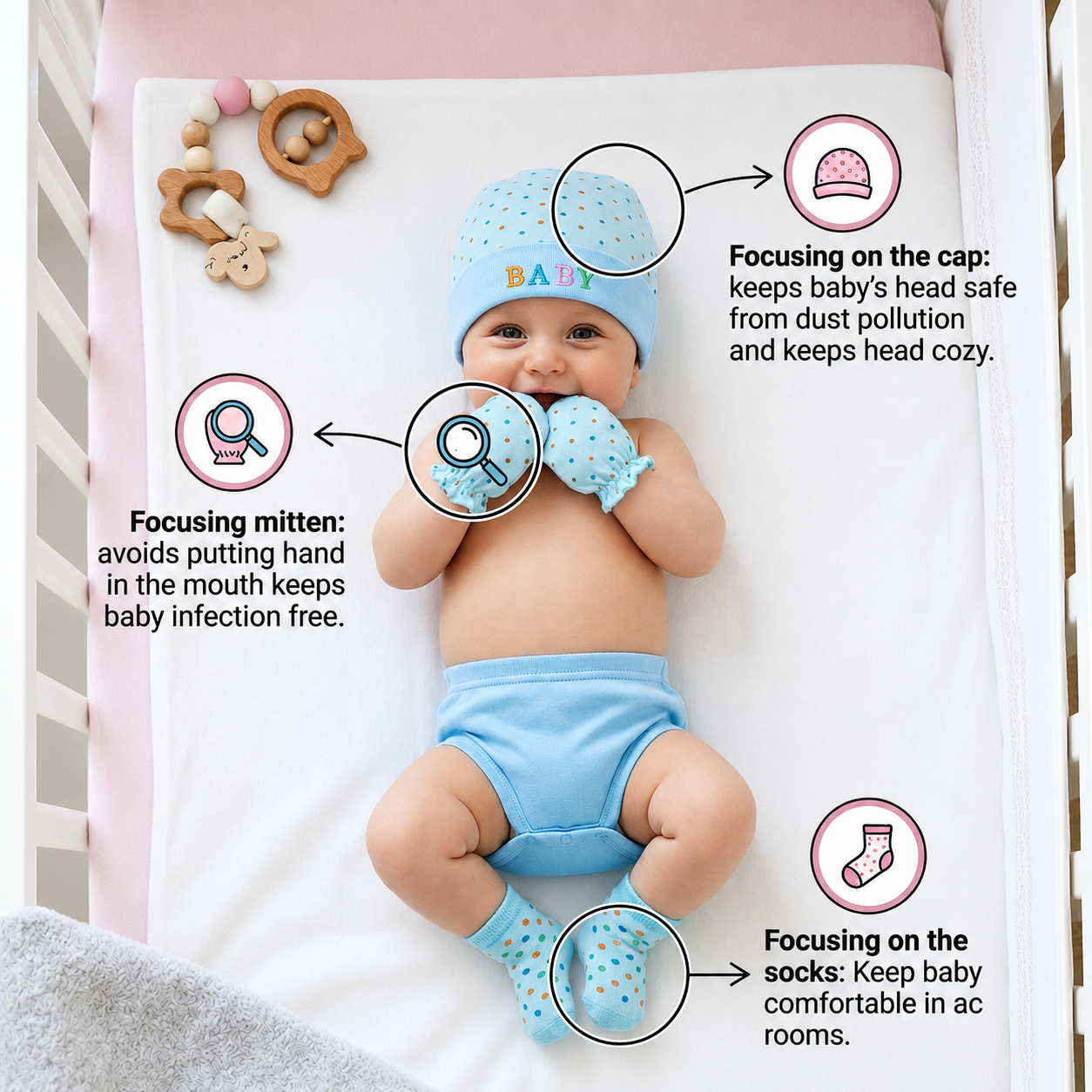 BRANDONN Baby Mitten, Booty & Cap Set (3-Pack, Multicolour) for Newborns 0–6 Months | Soft Cotton Baby Gift Set