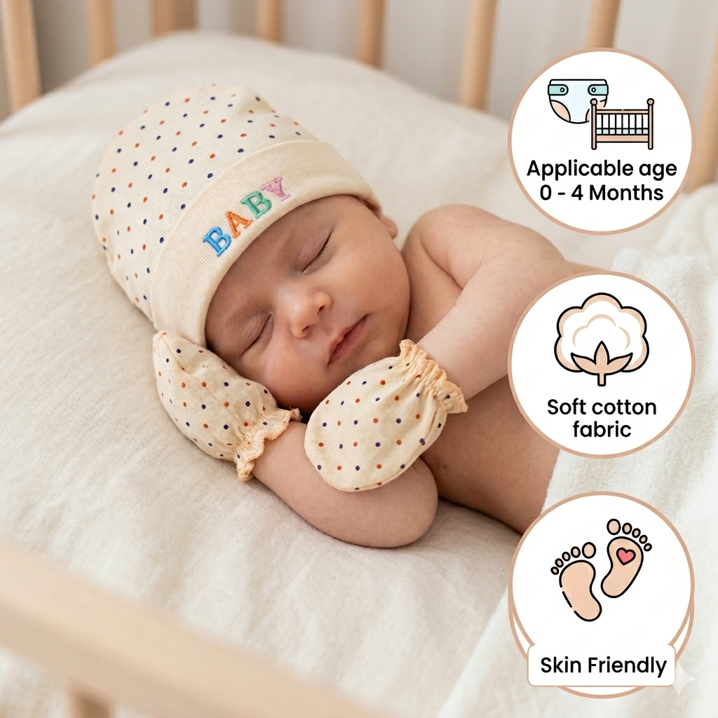 BRANDONN Baby Mitten, Booty & Cap Set (3-Pack, Multicolour) for Newborns 0–6 Months | Soft Cotton Baby Gift Set