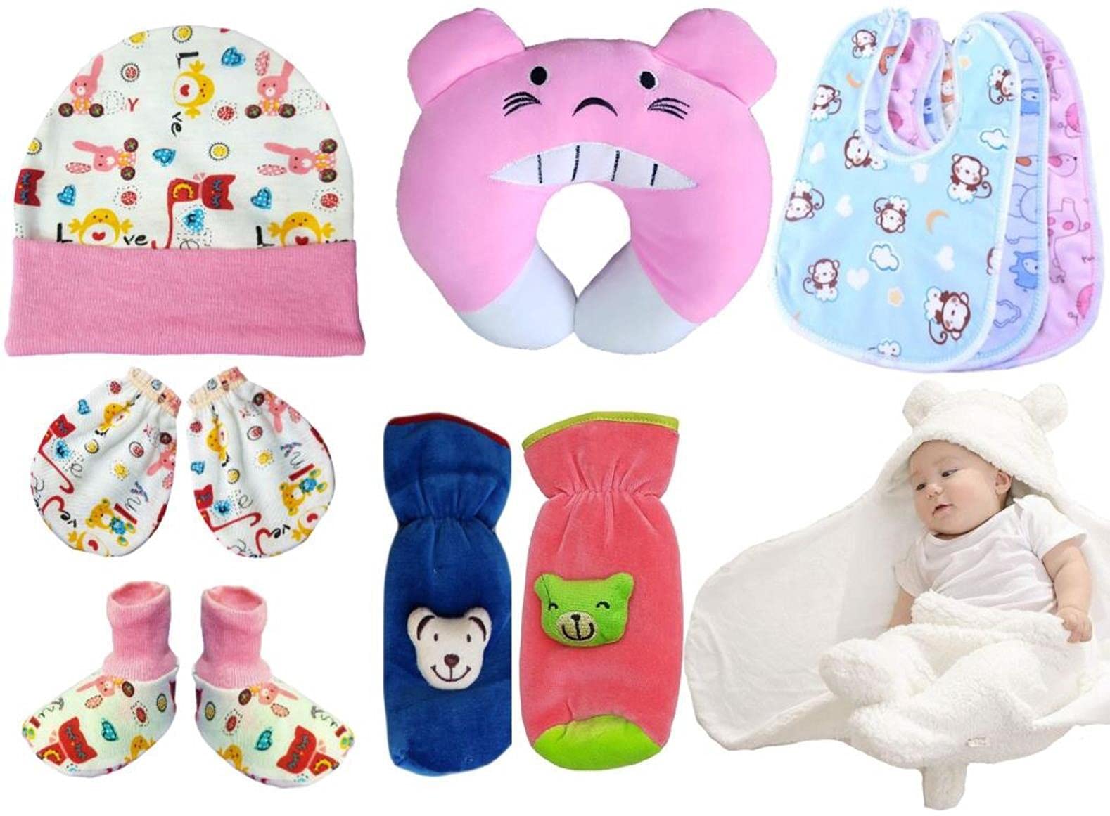 BRANDONN Combo Of New Born Baby Blanket, Pillow, Bibs, Bottle Cover, Cap, Mitten And Socks For Baby Boys And Baby Girls(Starts0-12 Months) Pack Of 10 Units,Assorted