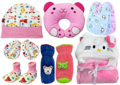 BRANDONN Combo Of New Born Baby Blanket, Pillow, Bibs, Bottle Cover, Cap, Mitten And Socks For Baby Boys And Baby Girls(Starts0-12 Months) Pack Of 10 Units,Assorted