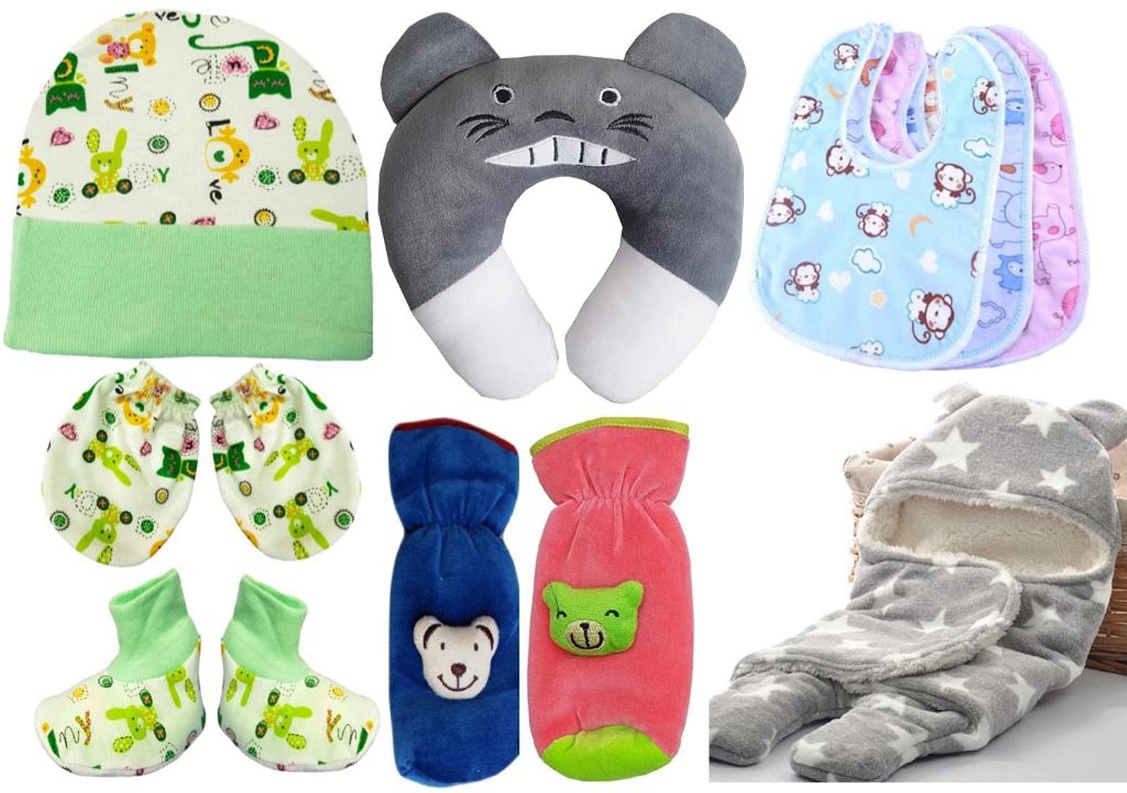 BRANDONN Combo Of New Born Baby Blanket, Pillow, Bibs, Bottle Cover, Cap, Mitten And Socks For Baby Boys And Baby Girls(Starts0-12 Months) Pack Of 10 Units,Assorted
