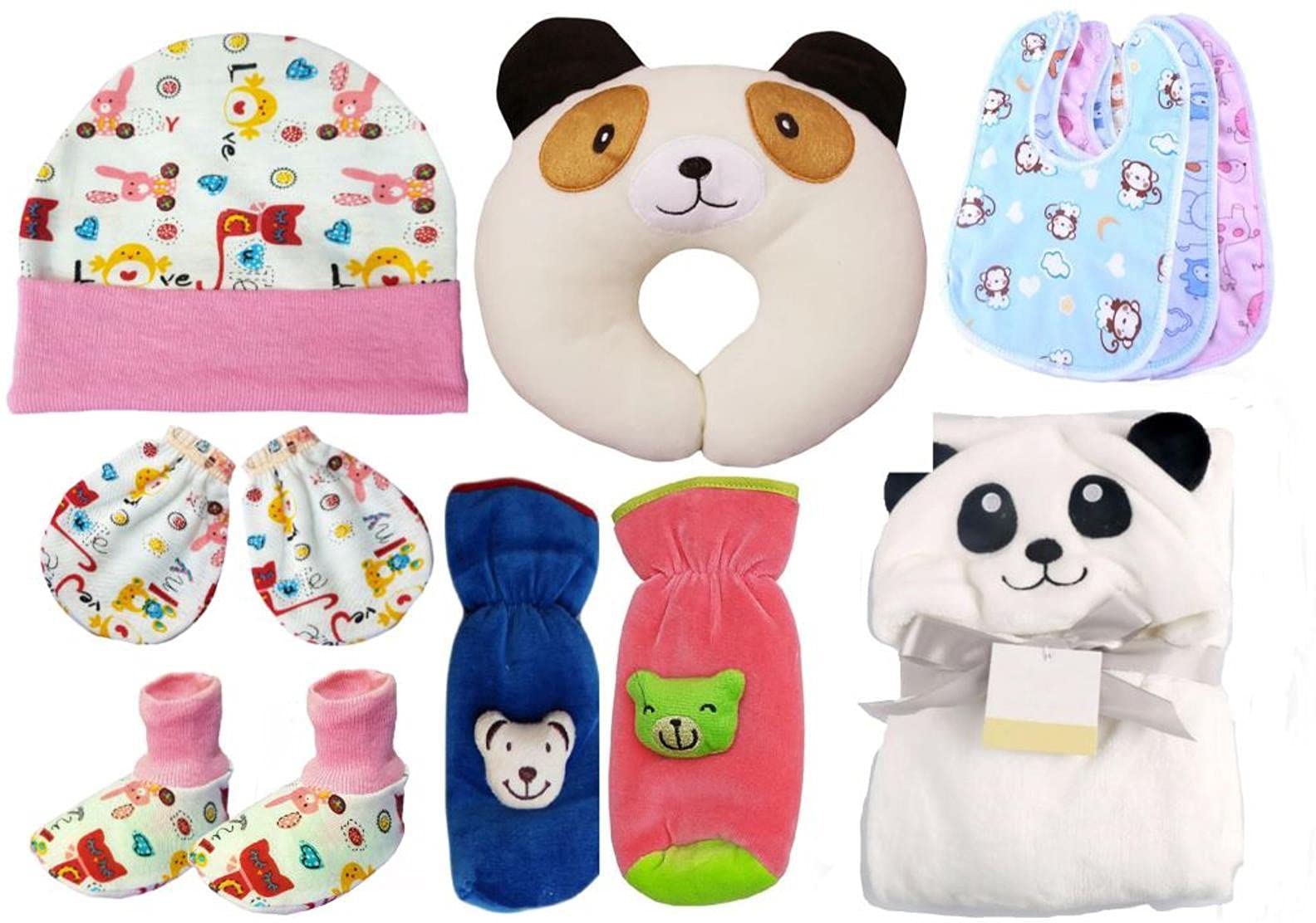 BRANDONN Combo Of New Born Baby Blanket, Pillow, Bibs, Bottle Cover, Cap, Mitten And Socks For Baby Boys And Baby Girls(Starts0-12 Months) Pack Of 10 Units,Assorted