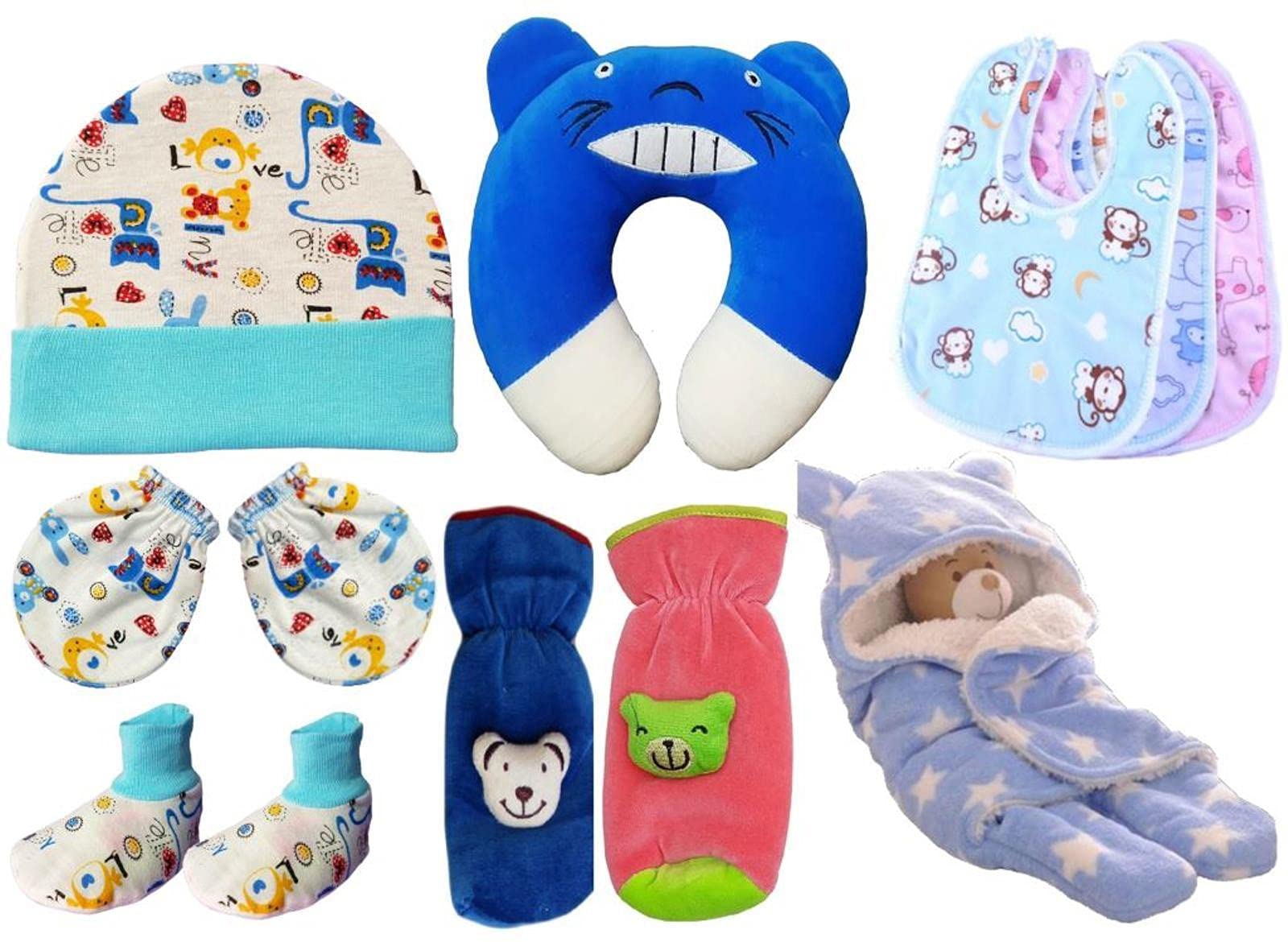 BRANDONN Combo Of New Born Baby Blanket, Pillow, Bibs, Bottle Cover, Cap, Mitten And Socks For Baby Boys And Baby Girls(Starts0-12 Months) Pack Of 10 Units,Assorted