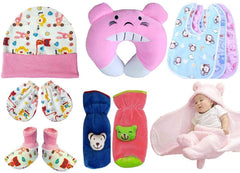BRANDONN Combo Of New Born Baby Blanket, Pillow, Bibs, Bottle Cover, Cap, Mitten And Socks For Baby Boys And Baby Girls(Starts0-12 Months) Pack Of 10 Units,Assorted