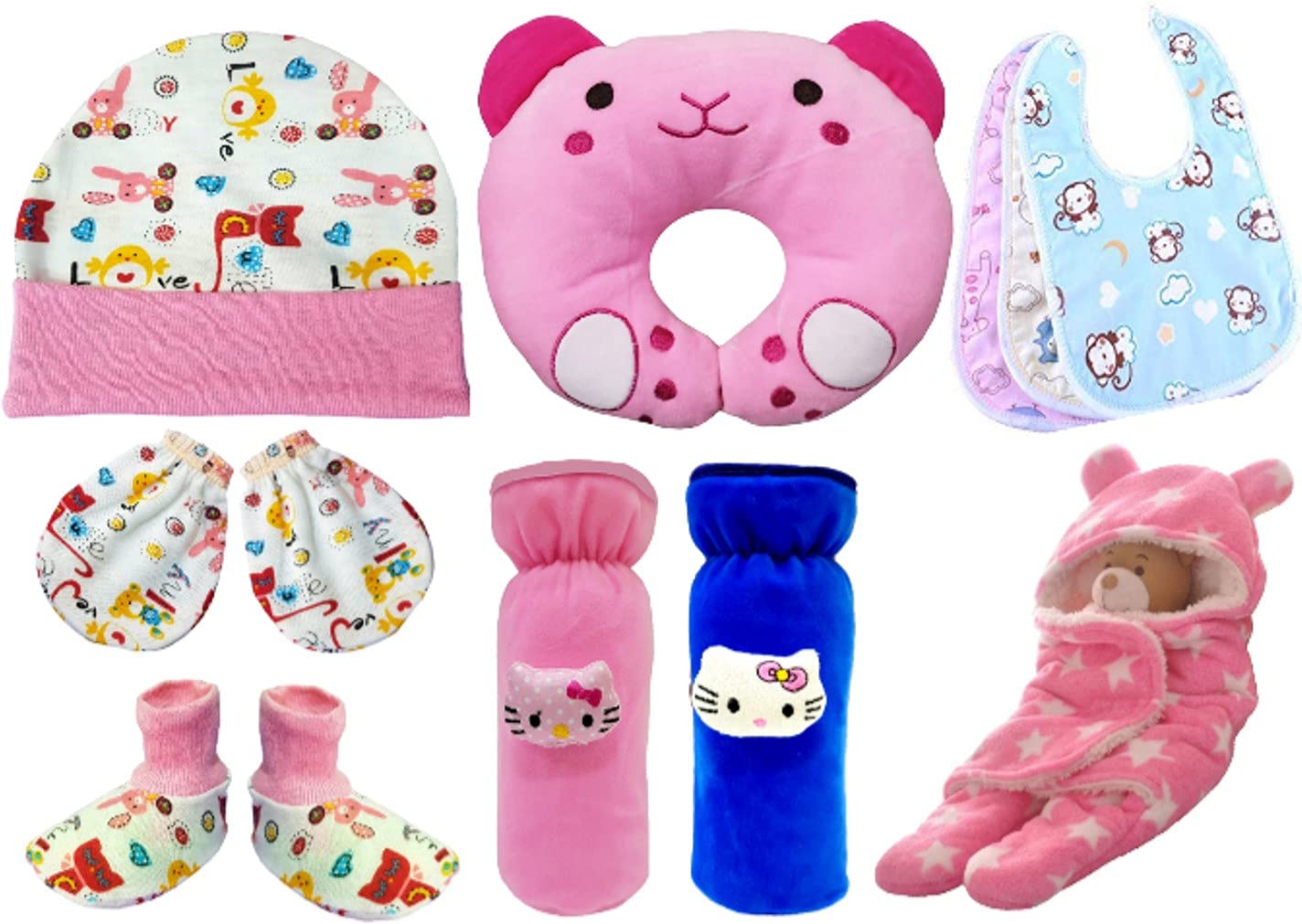 BRANDONN Combo Of New Born Baby Blanket, Pillow, Bibs, Bottle Cover, Cap, Mitten And Socks For Baby Boys And Baby Girls(Starts0-12 Months) Pack Of 10 Units,Assorted