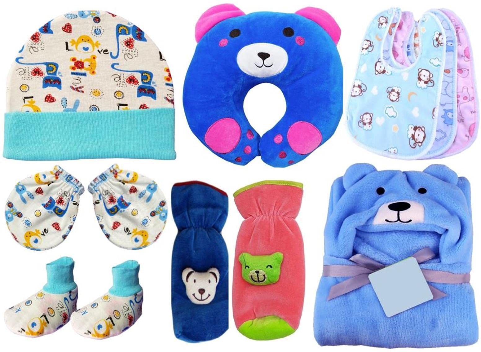 BRANDONN Combo Of New Born Baby Blanket, Pillow, Bibs, Bottle Cover, Cap, Mitten And Socks For Baby Boys And Baby Girls(Starts0-12 Months) Pack Of 10 Units,Assorted