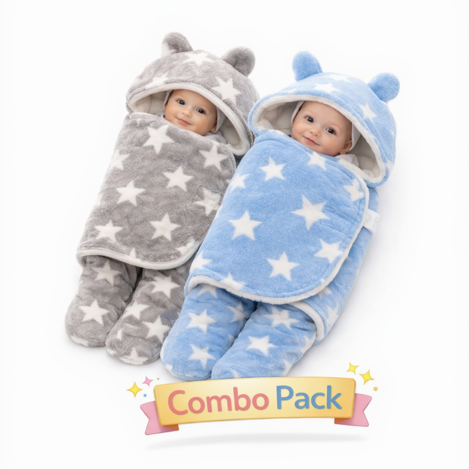 BRANDONN Newborn Hooded Swaddle Blanket Gift Set (Pack of 2), Star Print, 0–9 Months