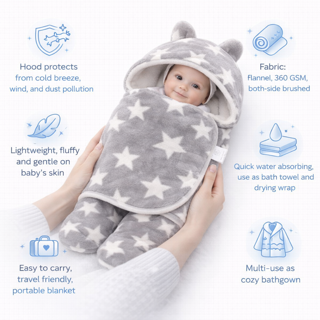 BRANDONN Newborn Hooded Swaddle Blanket Gift Set (Pack of 2), Star Print, 0–9 Months