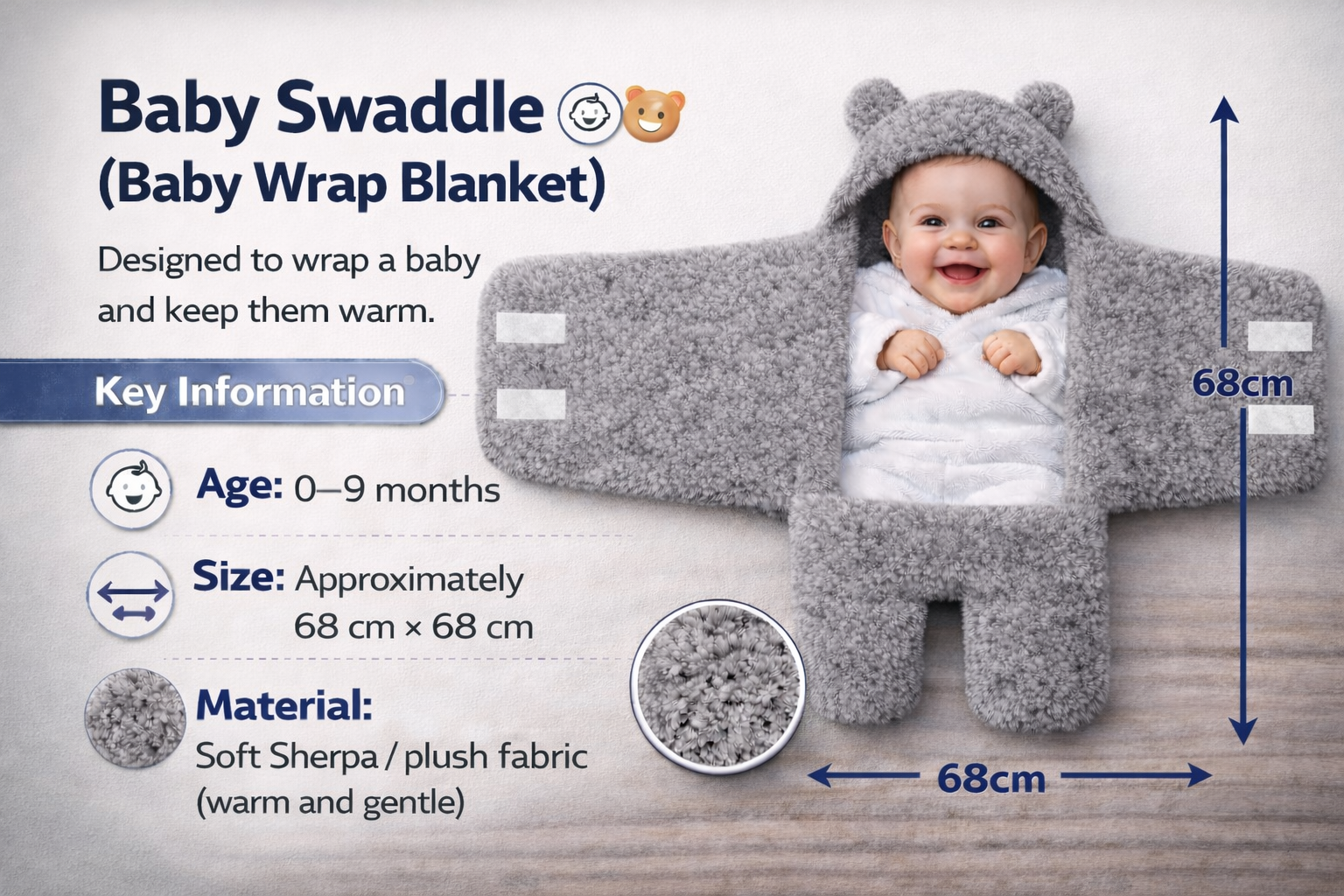 BRANDONN Newborn Hooded Swaddle Blanket, Solid Wearable Wrapper (Pack of 1), 0–9 Months