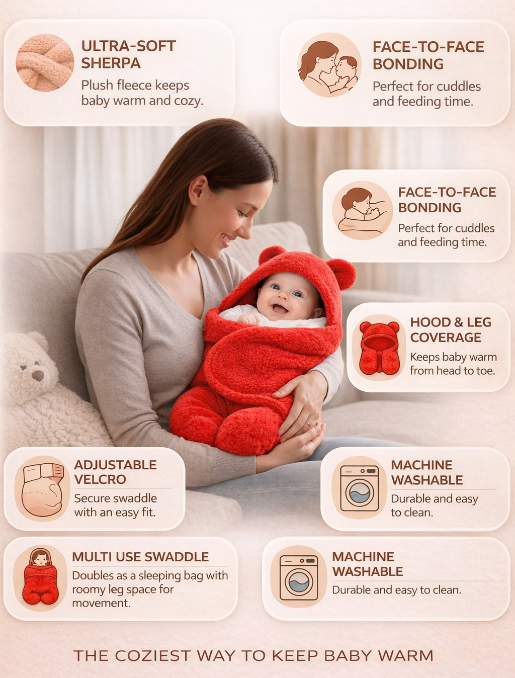 BRANDONN Newborn Hooded Swaddle Blanket, Solid Wearable Wrapper (Pack of 1), 0–9 Months