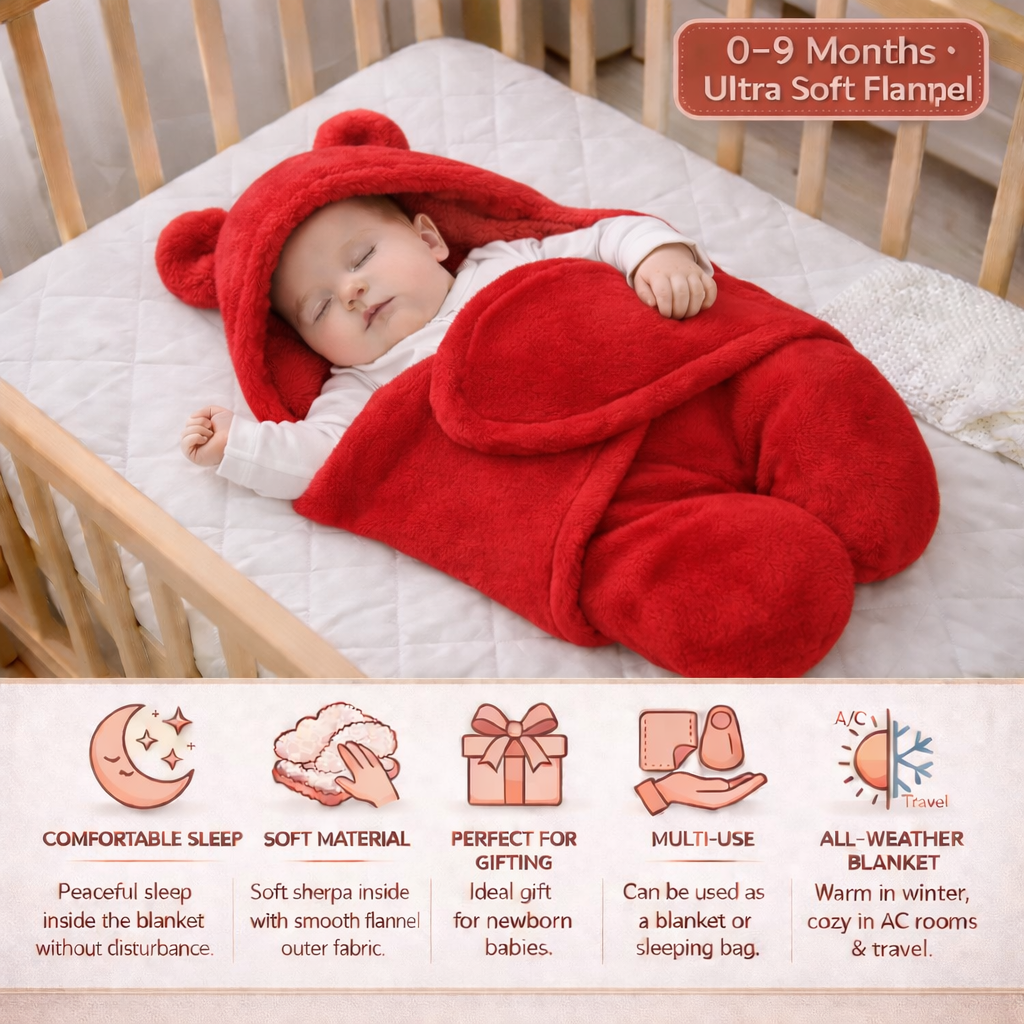 BRANDONN Newborn Hooded Swaddle Blanket, Solid Wearable Wrapper (Pack of 1), 0–9 Months