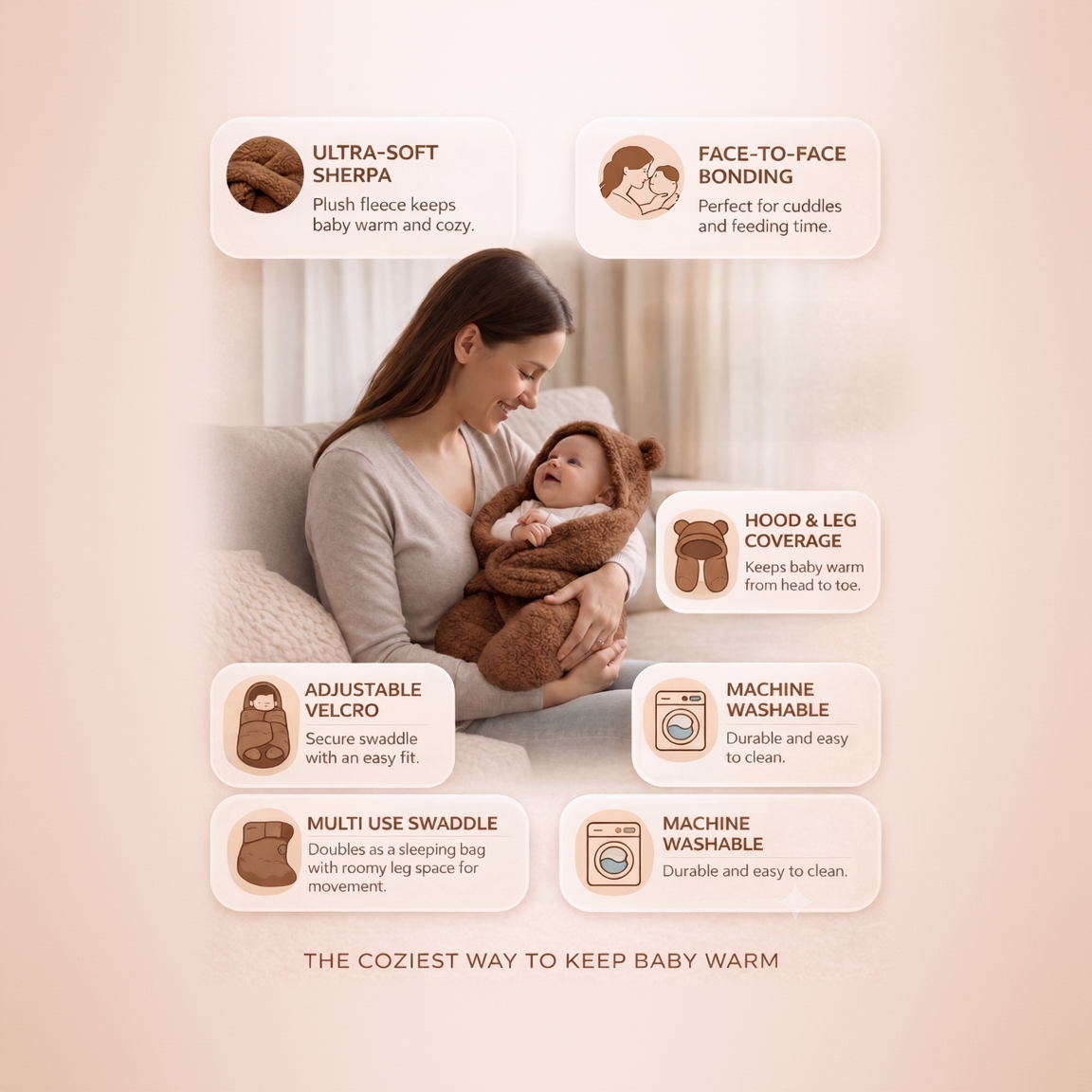 BRANDONN Newborn Hooded Swaddle Blanket, Solid Wearable Wrapper (Pack of 1), 0–9 Months