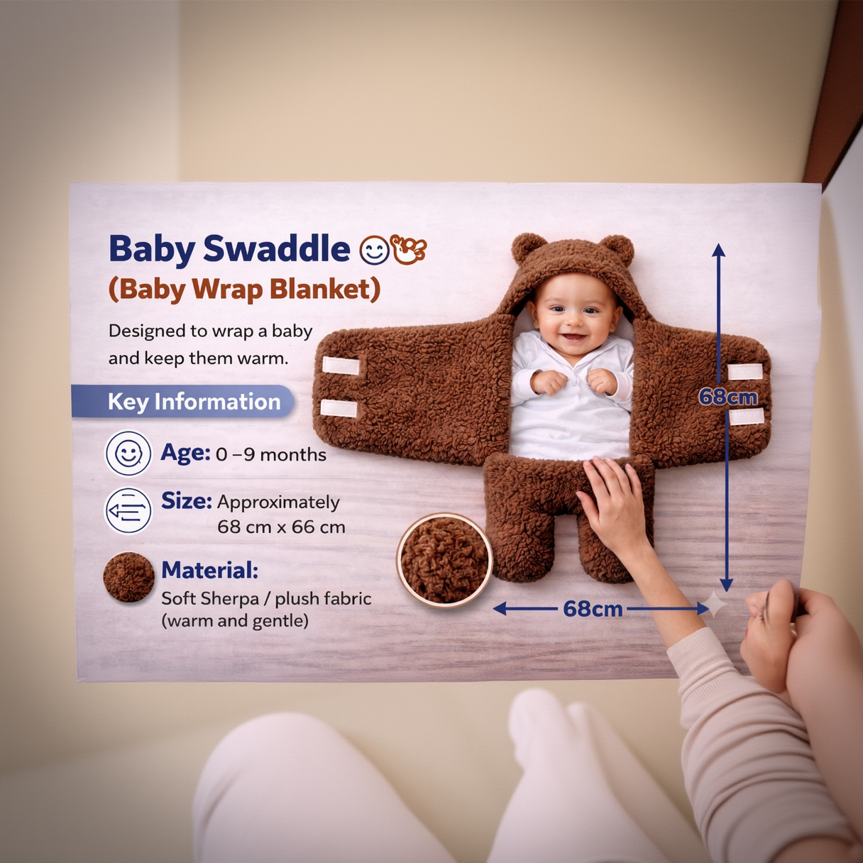 BRANDONN Newborn Hooded Swaddle Blanket, Solid Wearable Wrapper (Pack of 1), 0–9 Months