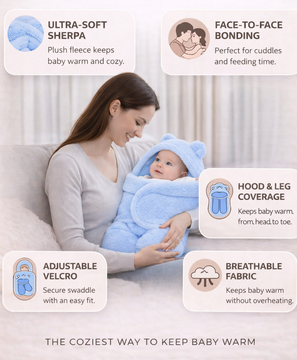 BRANDONN Newborn Hooded Swaddle Blanket, Solid Wearable Wrapper (Pack of 1), 0–9 Months