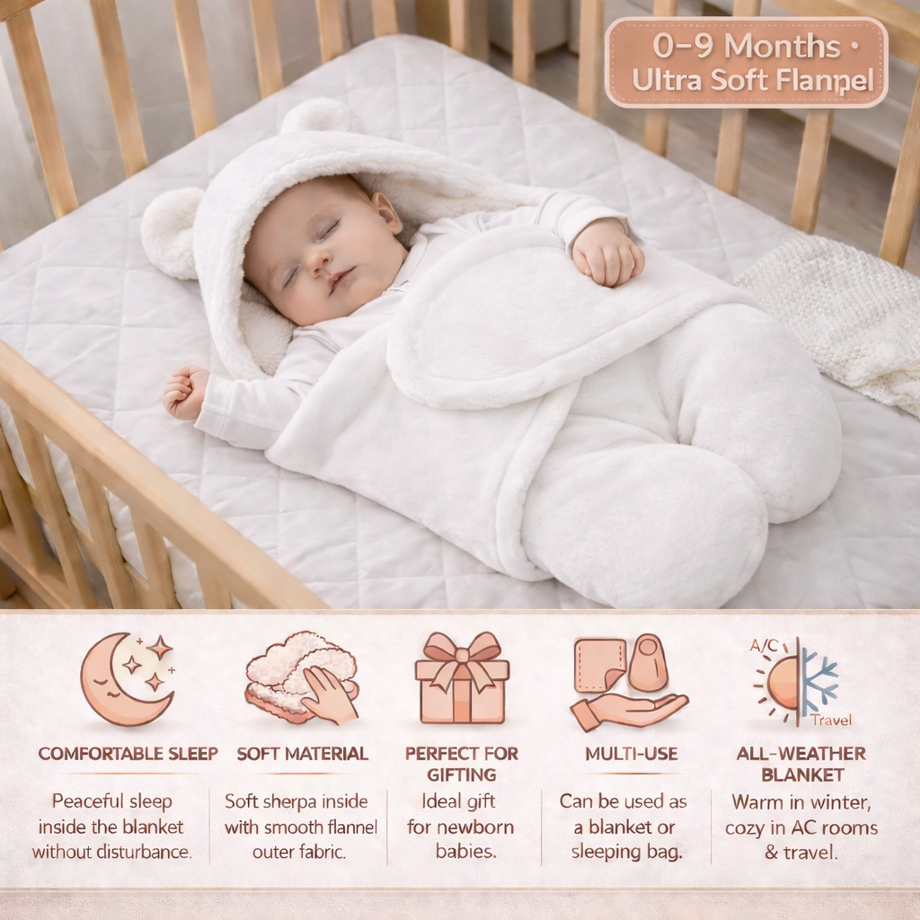 BRANDONN Newborn Hooded Swaddle Blanket, Solid Wearable Wrapper (Pack of 1), 0–9 Months