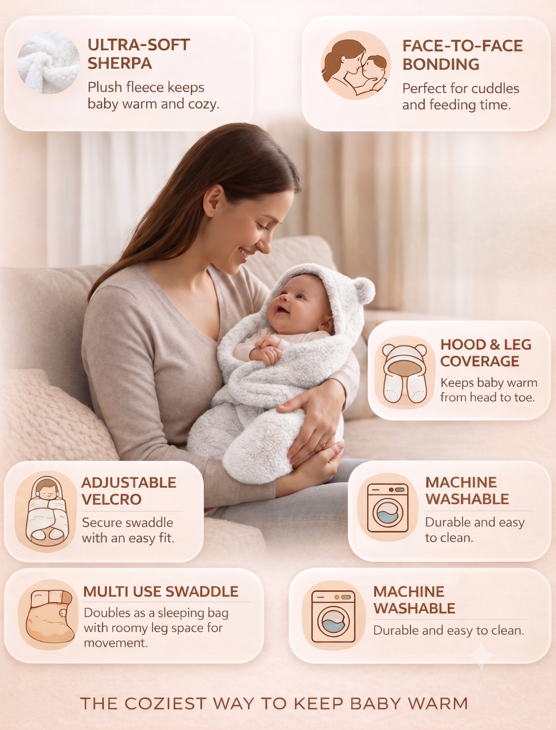 BRANDONN Newborn Hooded Swaddle Blanket, Solid Wearable Wrapper (Pack of 1), 0–9 Months