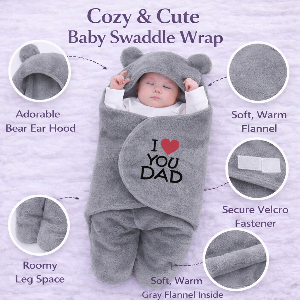 BRANDONN Hooded Newborn Swaddle Blanket with Love Embroidery (0–9 Months, Pack of 1)