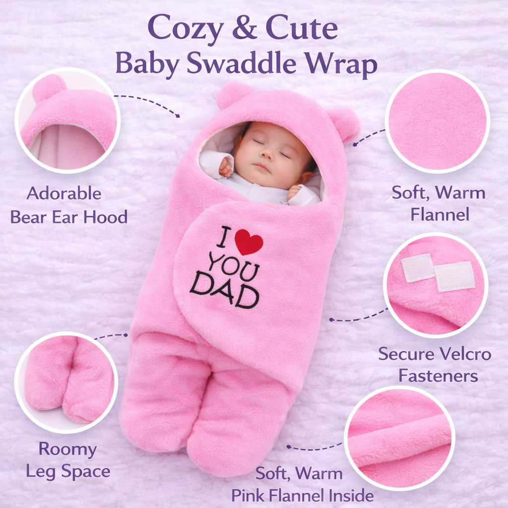 BRANDONN Hooded Newborn Swaddle Blanket with Love Embroidery (0–9 Months, Pack of 1)