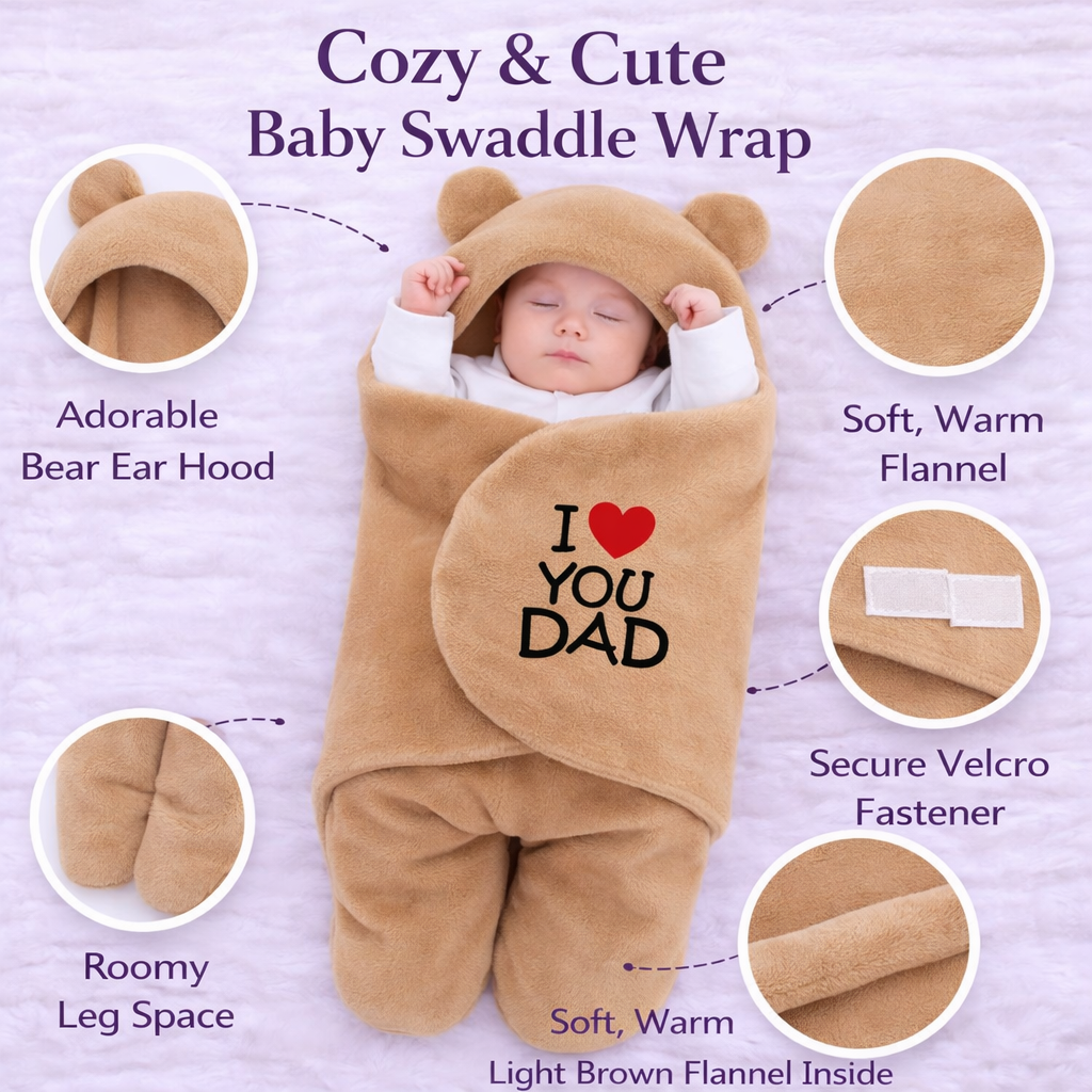 BRANDONN Hooded Newborn Swaddle Blanket with Love Embroidery (0–9 Months, Pack of 1)
